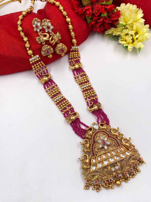 South Indian Antique Long Temple Necklace Set For Ladies By Royalqueen