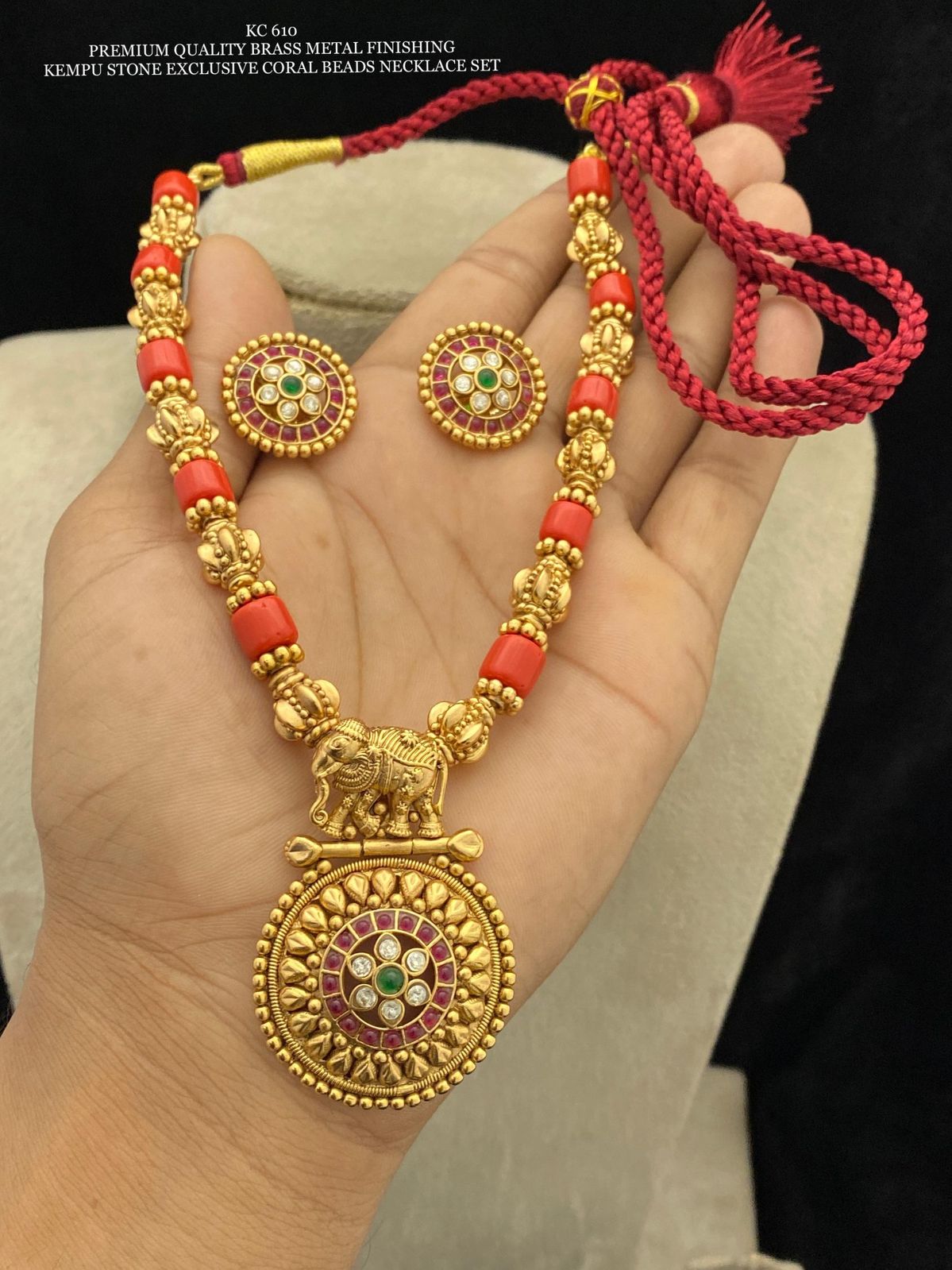 Kempu Stone Exclusive Coral Beads Necklace Set