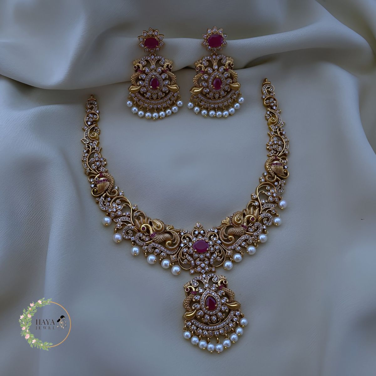 Buy Peacock Matte Gold Finish Haram Necklace Jhumka Earrings AD Ruby Green Kemp Stones