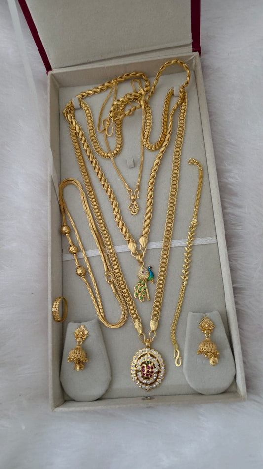 Premium foaming om combo with dollar chains, mugappu chain, bracelet, jhumka and ring